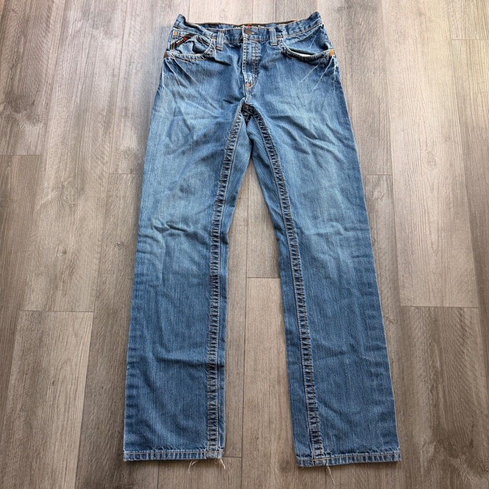 Ariat FR Mens 33x36 M5 Slim Straight Light Wash Jeans Distressed Hem Work